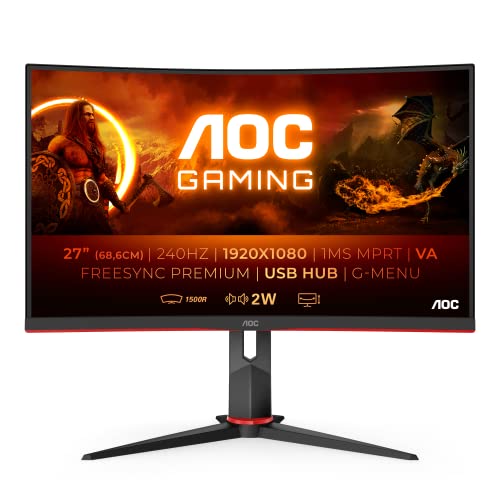 AOC Gaming C27G2ZU - Monitor curvo FHD da 27 , 240 Hz, 0,5 ms, FreeSync Premium (1920 x 1080, HDMI, DisplayPort, hub) nero rosso