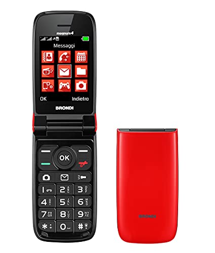 Brondi Magnum 4 Telefono Cellulare Maxi Display, Tastiera Fisica Retroilluminata, Dual Sim, 1.3 MP, Li-ion 800 mAh, Flip Attivo, Rosso