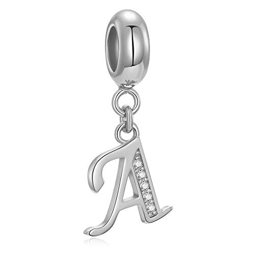 Charm con pendente a forma di lettera dell’alfabeto “A”, in argento Sterling 925 autentico con cristalli. Compatibile con la maggior parte dei braccialetti e delle collane di marche europee Letter A