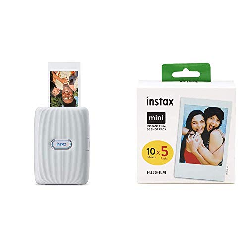 Fujifilm Instax Mini Link - Stampante Fotografica a Sviluppo Istantaneo (Ash White) + Pellicola Istantanea, Formato 54 mm x 86 mm compreso bordo bianco, Confezione da 50