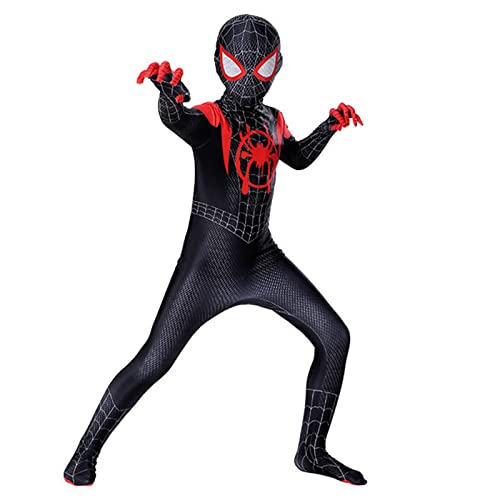 Kitimi costume spider bambino，spider miles morales costume da supereroe con maschera in tessuto e guanto，spider costume cosplay per halloween, natale, carnevale e compleanno