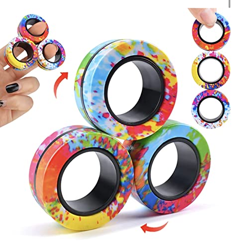 Magnetic Rings Fidget Toy Set, Idea ADHD Fidget Toys, Adult Fidget Magnets Spinner Rings for Anxiety Relief Therapy, Fidget Pack Great Gifts for Adults Teens Kids (3PCS) (3 Piece Set, Multicolor)