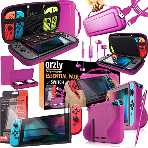 Orzly Accessori per Nintendo Switch (Confezione Include: Custodia per Switch, Copertura per Giochi, Pellicola Protettiva, Grip Case Cover, Cavo USB, Cuffie) Colori di Rosa