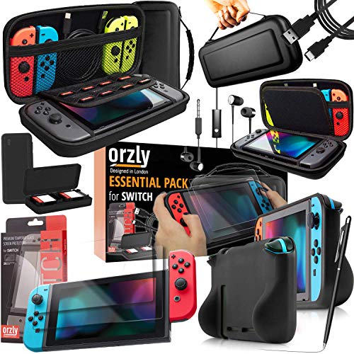 Orzly Accessori per Nintendo Switch (Confezione Include: Custodia per Switch, Copertura per Giochi, Pellicola Protettiva, Grip Case Cover, Cavo USB, Cuffie) Colori di Nero
