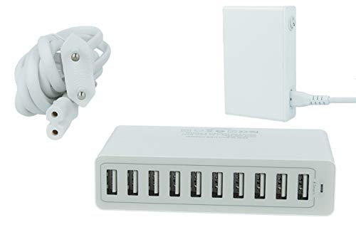 USB Charging Station, Alimentatore Caricabatterie USB, Caricatore USB da Muro 5V 60W, Smart Ricarica Intelligente Colore Bianco (10 Porte USB 10A)