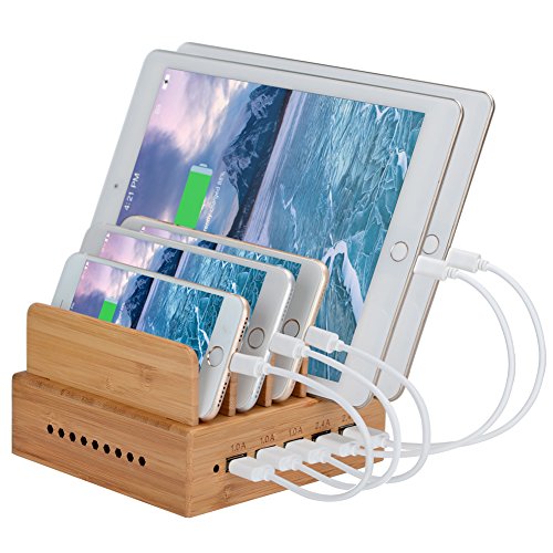 Yisen - Stazione di ricarica USB a 5 porte, in bambù, per iPhone, iPad, telefoni cellulari universali, tablet e altri dispositivi con ricarica USB, con cavo di ricarica del Regno Unito