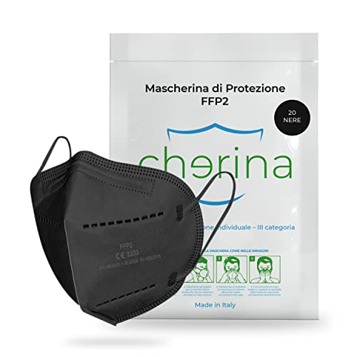 20 Mascherine FFP2 Nere Certificate CE, Prodotte 100% In ITALIA, Imbustate Singolarmente, Mascherina ffp2 Nera Made In ITALY, 5 Strati