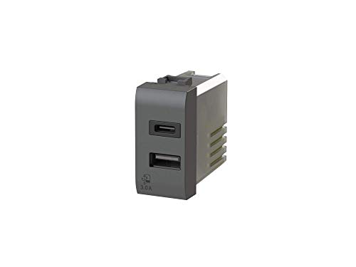 4box USB3.0 - Alimentatore USB da 3 Ampere a 2 uscite su modulo singolo con connettore di tipo A e tipo C compatibile con Bticino LivingLight antracite