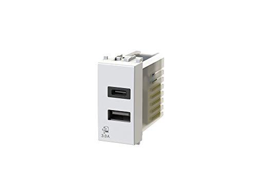 4box USB3.0 - Alimentatore USB da 3 Ampere a 2 uscite su modulo singolo con connettore di tipo A e tipo C compatibile con Vimar Plana bianca