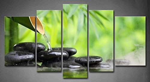 5 Panel Wall Art Green Spa Still Life with Bamboo Fountain And Zen Stone in Water Painting The Picture Print on Canvas Botanical Pictures for Home Decor Piece, Telaio di Legno Pronto da Appendere