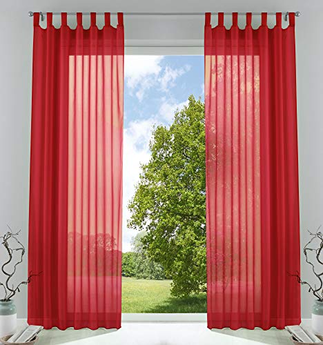 61000CN - Set di 2 tende trasparenti per soggiorno, in voile, con chiusura a nastro, 245 x 140 cm, colore: rosso