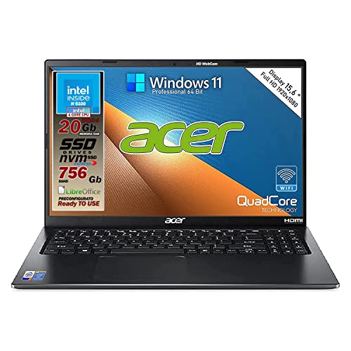 Acer Notebook Intel N5100 4 Core, Ram da 20 Gb Ddr4, SSD M.2 PCi 256Gb + HDD 500 Gb, Display Full HD da 15,6 , Web cam, usb, hdmi, bt, lan, wi-fi, Win11 Pro, Libre Office, Pronto all uso Gar. Italia
