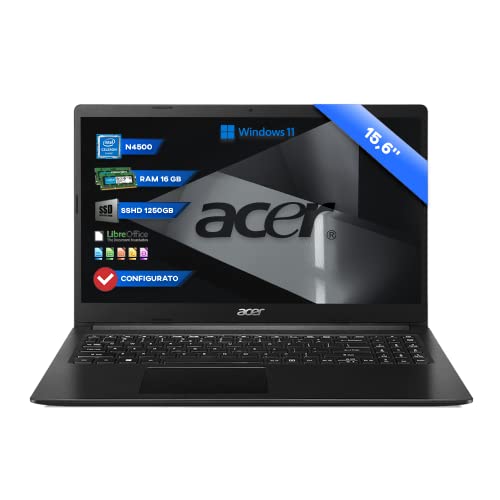 Acer Notebook pc portatile Display da 15.6” N4500 Fino A 2.80GHz,Ram 16Gb Ddr4 SSHD 1250 Gb,Pc portatile,Hdmi,Wifi,Bluetooth,Windows 11 professional