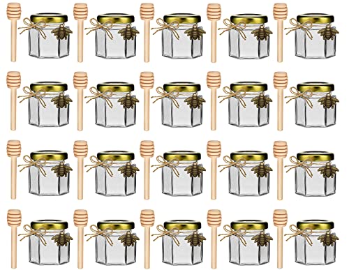 Ahhute Mini barattoli di miele in vetro esagonale da 1,5 once da 20 pezzi con mestolo in legno, coperchio dorato, ciondoli a forma di ape - Perfetto per baby shower, bomboniere, bomboniere
