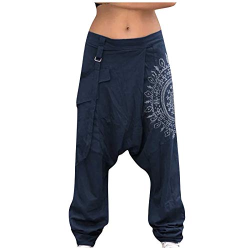 Aladdin Harem - Pantaloni da uomo con elastico in vita, stile hippie, in cotone, stile boho, da uomo, stile streetwear con polsini, B-1 blu scuro, M