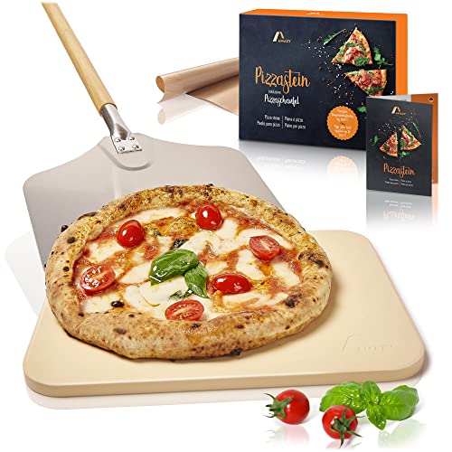 Amazy Pietra refrattaria per pizza da forno, incl. Pala, Carta da forno riutilizzabile e Ricettario –Pietra pizza dal sapore italiano (38x30x1,5cm) (Beige + pala per pizza in alluminio)