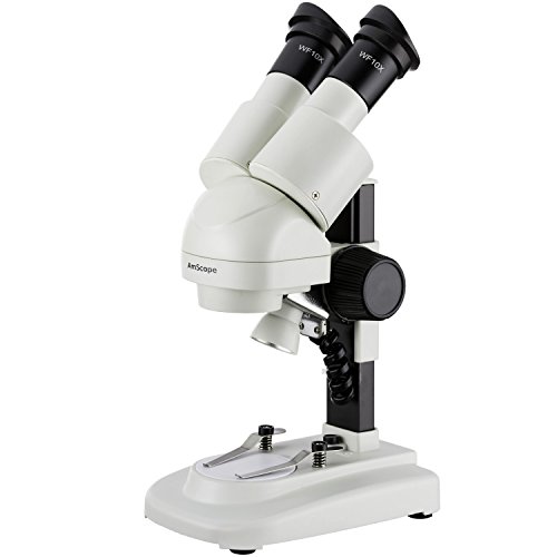AmScope SE120 - Microscopio stereo binoculare portatile, con oculari WF10x, ingrandimento 20x, obiettivo 2x, illuminazione a LED, piastra reversibile nero bianco, supporto da tavolo a binocolo