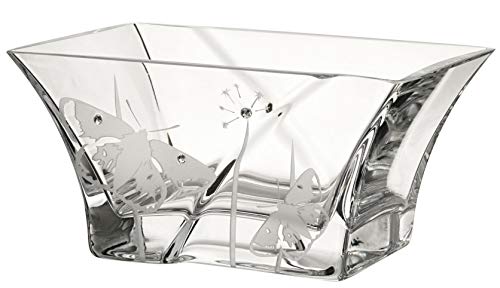 Anna s Exclusive Decor - Ciotola in vetro soffiato a mano, decorata con cristalli Swarovski + farfalle, in vetro senza piombo, piccolo centrotavola, diametro 18 cm