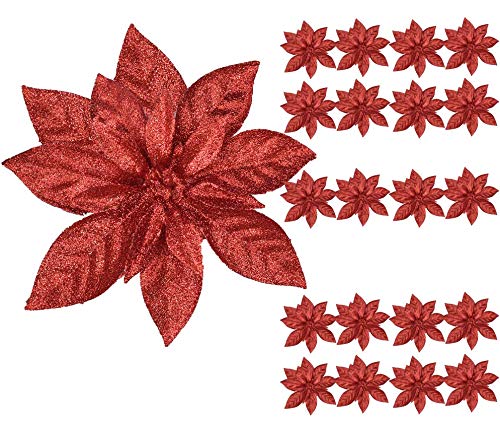 Awtlife 20pcs Glitter Rosso Poinsettia Clip On Ornamenti Per Albero di Natale Ghirlande Decorazione Albero di Natale 16 cm