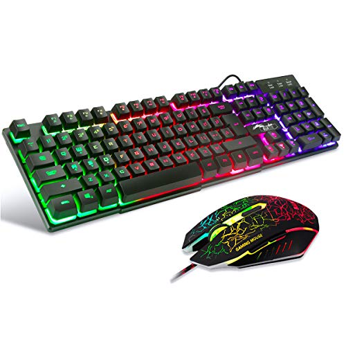 BAKTH Tastiera e Mouse da Gioco, Colore da Arcobaleno LED Retroilluminato USB Gaming Tastiera e Mouse per Videogiochi o Lavoro, Paragonabile a Una Tastiera Meccanica