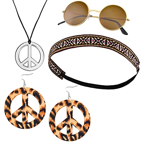 Balinco Set da 4 pezzi Hippie con fascia indiana, occhiali da sole rotondi in nichel con lenti marroni, collana Peace in argento, marrone, Taglia unica