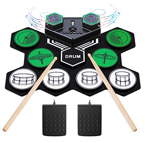 Batteria Elettronica, 9 Praticare Drum Pads con 2 Bacchette Pedali, Portatile Tavolo Pieghevole Digitale Tamburo Set, Adatto a Bambini, Adulti e Principianti