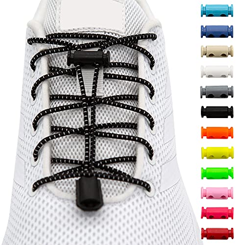 BENMAX SPORTS - Lacci senza legatura, elastici in gomma, chiusura rapida, elastici, accessori per scarpe per bambini, 1 paio, 120 cm, 12 colori vivaci (1 paio, nero)