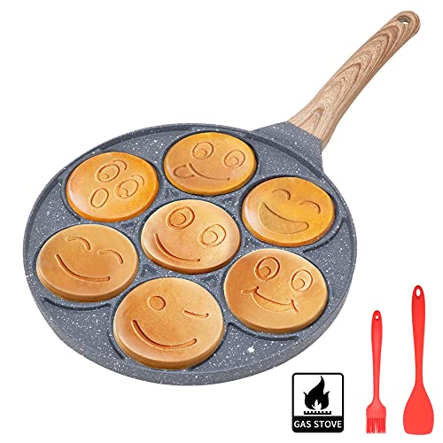 Bobikuke Padella Pancake Smile, Pancake Piastra Antiaderente 7 Fori Padella Frittata Senza FPOA Piatto Colazione Per Bambini 27 cm