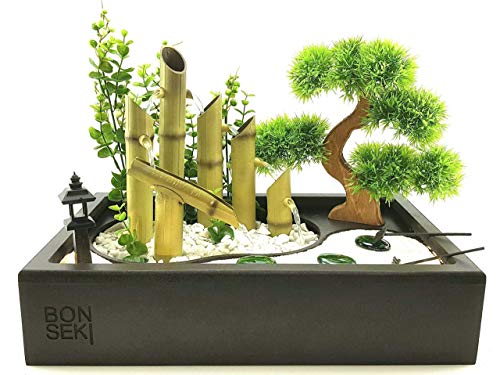 Bonseki Fontana zen da interno 40 x 25cm nero con giardino zen da tavolo, bonsai e led. Personalizzabile.