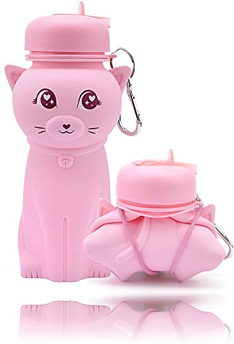 Borraccia silicone, disegno gatto rosa, pieghevole, molto resistente, senza BPA, 500 ml