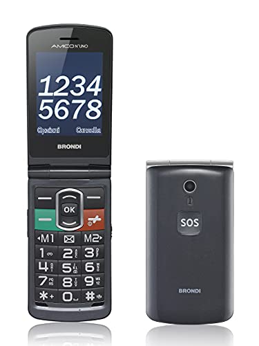 Brondi Amico N°Uno, Telefono cellulare GSM per anziani con tasti grandi, tasto SOS e funzione da remoto, dual SIM, volume alto, Titanio