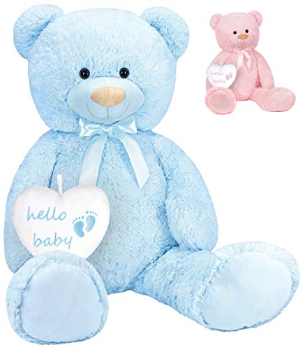 BRUBAKER Hello Baby - Peluche a forma di orsetto con cuore, 100 cm, regalo per neonate e bambine, colore: azzurro