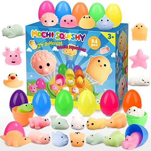 Caccia all uovo di Pasqua Giocattoli Fidget: 24 pcs Mochi Squishy Toys Set e Bomboniere Regali per bambini | Decorazioni per Cestini | Riempitrice per sacchetti Mochi con animali kawaii per 3-8 anni