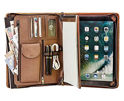 Cartella in pelle Calfinder A4 - Cartella portadocumenti vintage con cerniera, cartella in pelle di alta qualità con blocco per scrivere, cartella per tablet per iPad Pro 12.9 (2018 2020), marrone