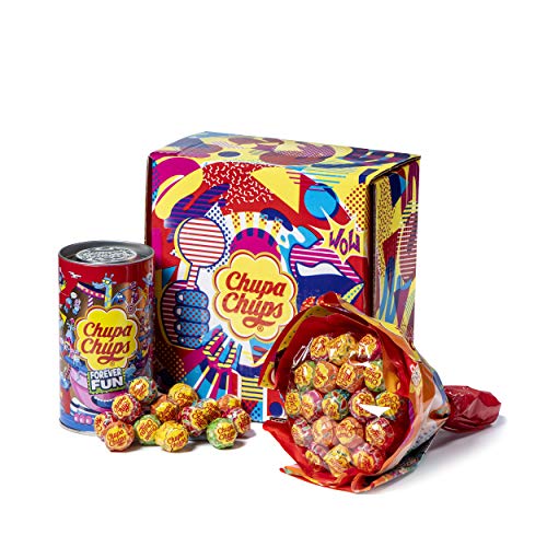 Chupa Chups Gift Box, Confezione Regalo con Flower Bouquet Chupa Chups da 19 Lollipop e Mini Latta Salvadanaio da 16 Lollipop, 35 Lecca Lecca Gusti Assortiti alla Frutta