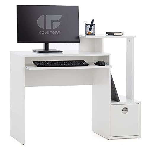 Comifort - Nalon, Scrivania per computer design con 3 altezze, 1 ripiano, 1 cassetto e supporto per tastiera rimovibile, scrivania moderna, colore bianco