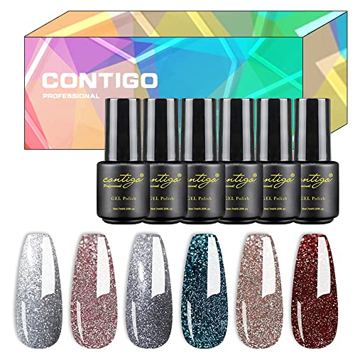CONTIGO 6 X 7ml Glitter Smalto Per Unghie Gel Soak Off UV-LED