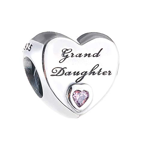 Cooltaste - Ciondolo a forma di cuore in argento Sterling 925, con zircone rosa e scritta “Grand daughter”, regalo ideale per l’amata nipote, adatto a braccialetti Pandora originali e per fai-da-te