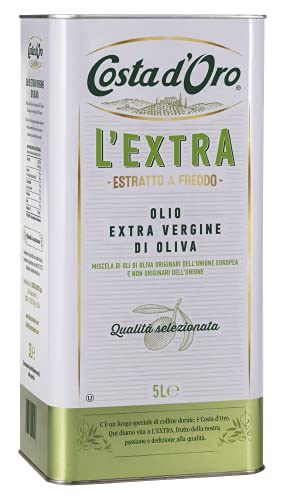 Costa d’Oro – L’Extra 5L. Olio Extravergine di oliva estratto a freddo. Sapore equilibrato, adatto a tutte le ricette e come condimento per insalate. Latta da 5 litri.
