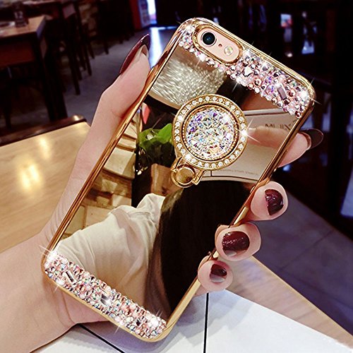 COTDINFOR iPhone 11 (6.1 ) Mirror Makeup Custodia for Girls Ultra Sottile Standing Cover Bling Cristallo Diamante Glitter Mirror Case TPU for iPhone 11 2019 Ring Mirror Gold.