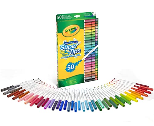 Crayola Super Tips - Pennarelli Lavabili a Punta Media, Confezione da 50 Pezzi in Colori Assortiti, Età Consigliata: da 3 Anni