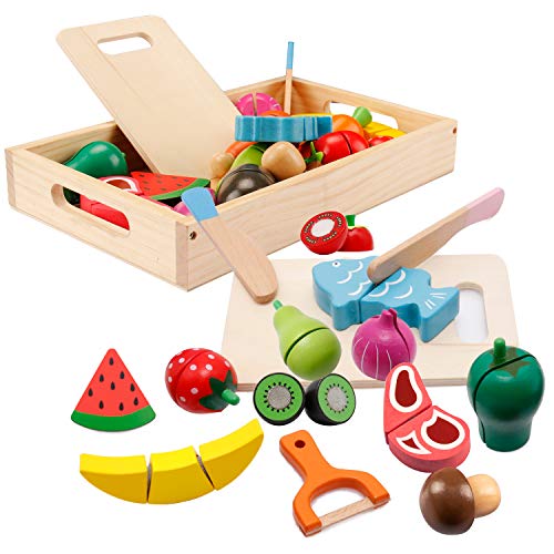 Cucina Giocattolo per Bambini, Accessori cucina giochi per bambini, legno giocattoli educativi di simulazione di cottura di frutta, verdura e carne da tagliare per bambini e bambina di 3+ anni