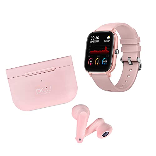 DCU TECNOLOGIC | Pack Smartwatch orologio intelligente + auricolari Bleutooth 5.0 | Earbuds con microfono | Bracciale di attività IP67 | Ultra leggeri | Controllo tattile | Rosa