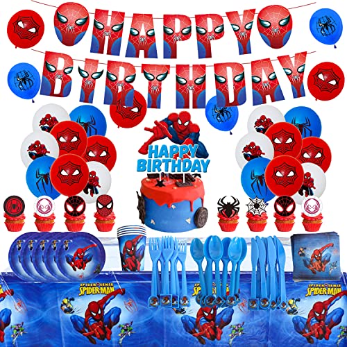 Decorazione per Feste di Compleanno Spiderman Palloncini Striscioni di Buon Compleanno Appendini per Torte Spider Man Stoviglie per Feste per Bambini Spiderman Articoli per Feste