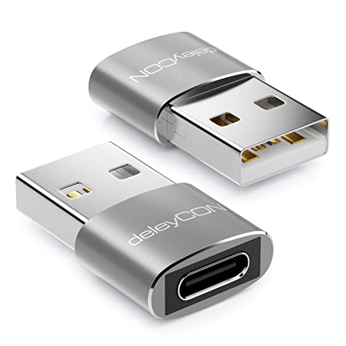 deleyCON Adattatore da USB C a USB [2 Pezzi] da Presa USB C a Connettore USB A - per PC Computer Laptop Notebook Alluminio Argento