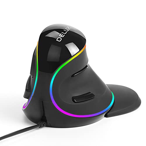 DeLux Mouse Verticale ergonomico con Illuminazione RGB, 5 DPI Regolabili (800-1200-1600-2400-4000 DPI), 6 Pulsanti, poggiapolsi Rimovibile, Mouse Ottico per Computer Portatile-Nero