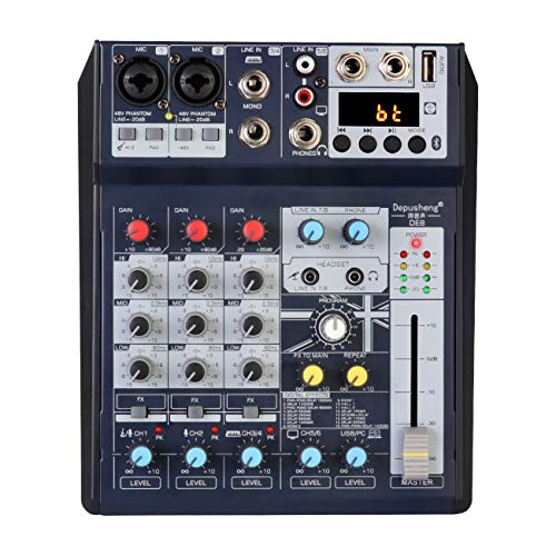 Depusheng DE8 Mini Mixer Audio DJ Portatile con Scheda audio, USB 48V Power phantom per la registrazione di PC