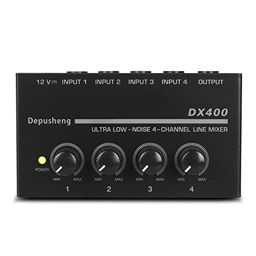 Depusheng DX400 Mixer di linea a 4 canali a bassissimo rumore per submixing, mini mixer audio, per microfoni, chitarre, basso, tastiere, mixer, strumenti