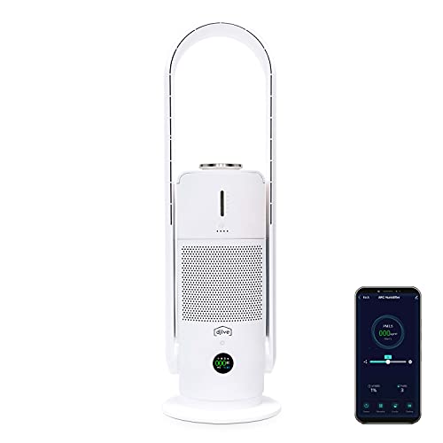 djive ARC Humidifier 3in1 ventilatore, purificatore d aria per casa e umidificatore ambiente 1.2L, filtro HEPA 14, rimuove 99,995% di Allergeni, UVC, Smart con wifi e app, Alexa, Google Home, bianco