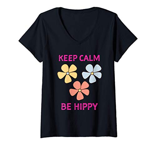 Donna Keep Calm Be Hippy Hippie Shirt Maglietta con Collo a V